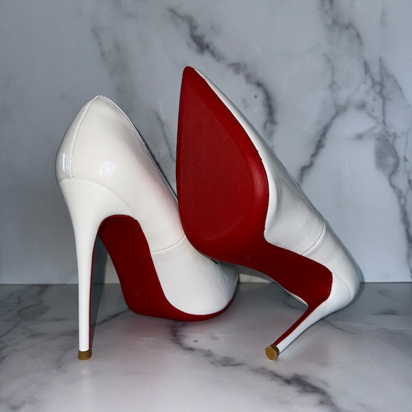 White Stiletto Heels with Red Bottoms (No Crystals) | US Size 6 to 11 Available, White Vegan Patent Red Bottoms | Ships from US