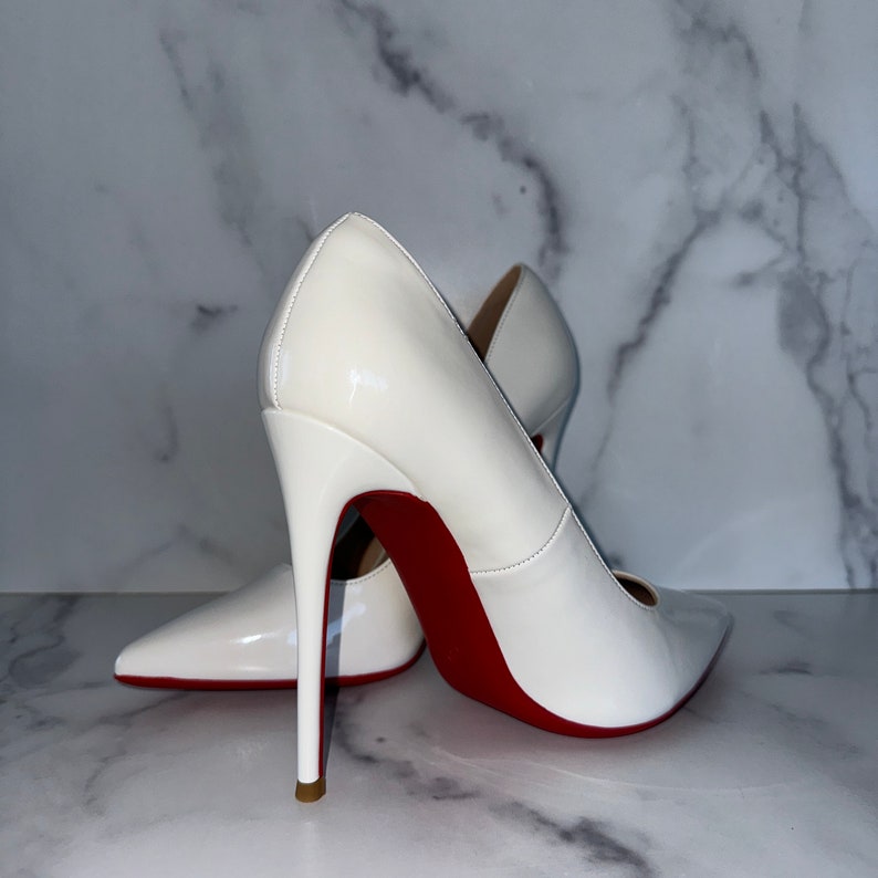 White Stiletto Heels with Red Bottoms No Crystals US Size 6 to 11 Available, White Vegan Patent Red Bottoms Ships from US image 7