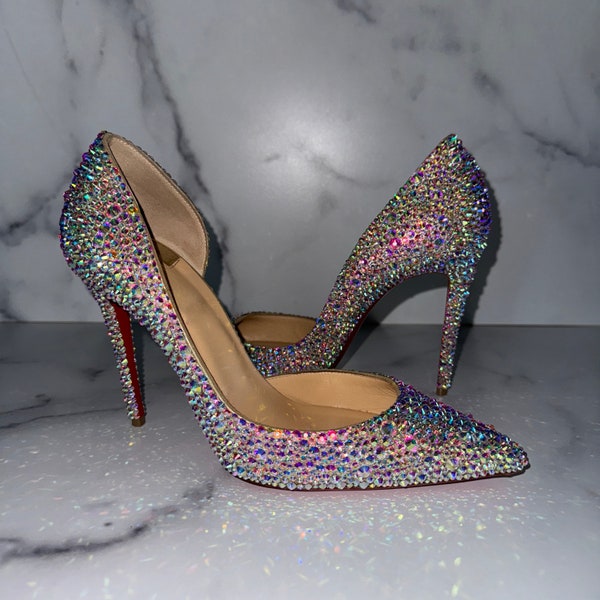 Authentic Leather Red Bottoms Heels, Sustainable Fashion, Brilliant Sparkling AB Rainbow Unicorn Silver Crystals | Last pair 36.5 US 6 1/2