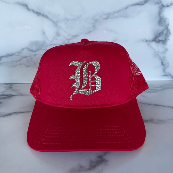 Baseball Hat with Old English Monogram | Personalized a Classic Trucker Hat with Crystal a Bling Initial | Unique gift, Y2K Accessory