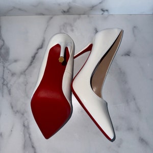 White Stiletto Heels with Red Bottoms No Crystals US Size 6 to 11 Available, White Vegan Patent Red Bottoms Ships from US image 5