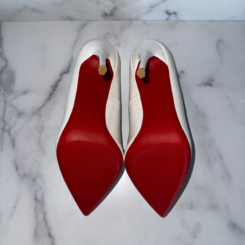 White Stiletto Heels with Red Bottoms No Crystals US Size 6 to 11 Available, White Vegan Patent Red Bottoms Ships from US image 4