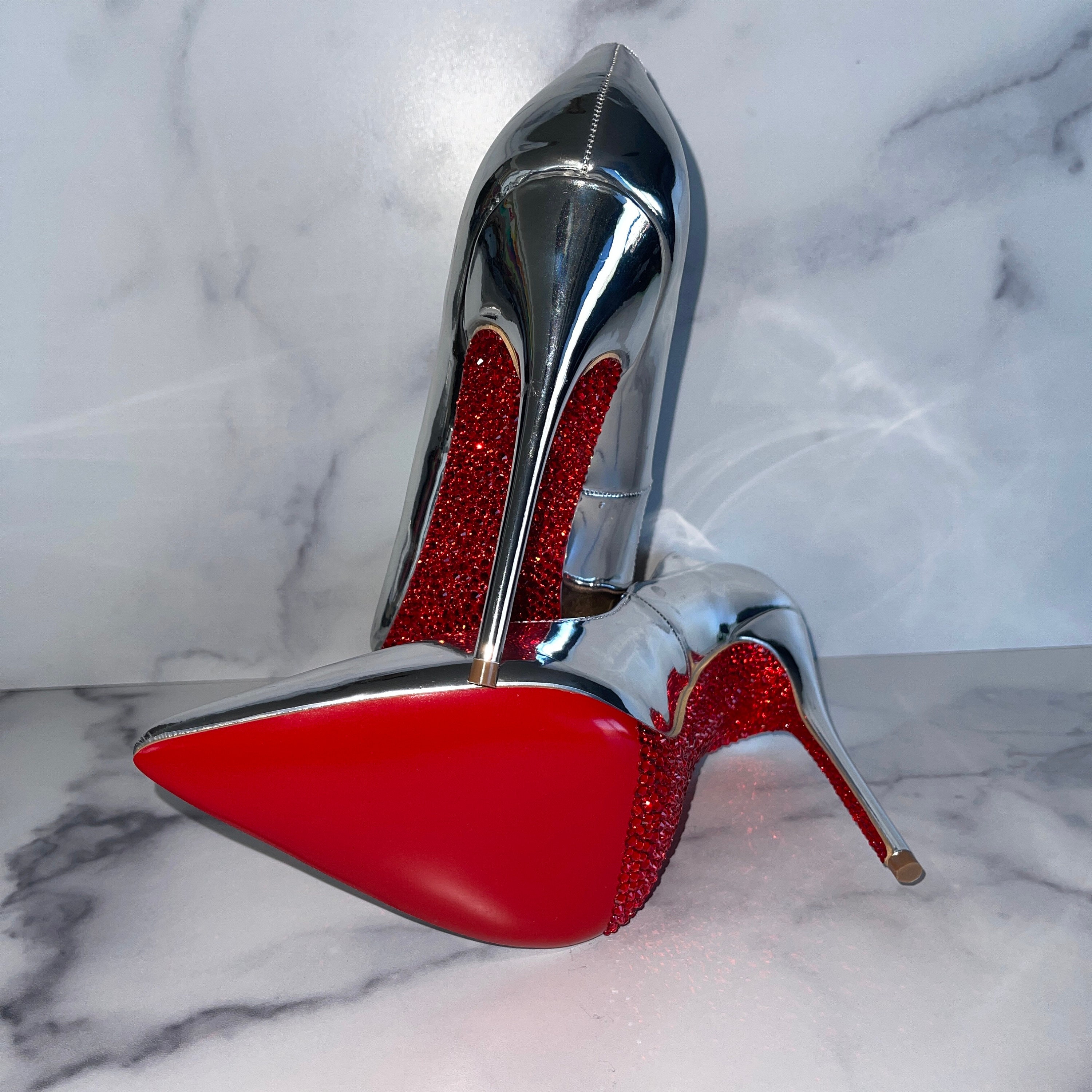 Silver Chrome Crystal Red Bottoms, Stiletto High Heel Pumps | Fashion Bling, Multiple Sizes | Ships Fast from The US | Bridal, formal, Y2K