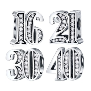 Number Charm bead S925 Sterling Silver Bead Birthday Zircons Genuine European Snake Chain Bracelet 16th 21st 30th 40th 50th 60th Pandor