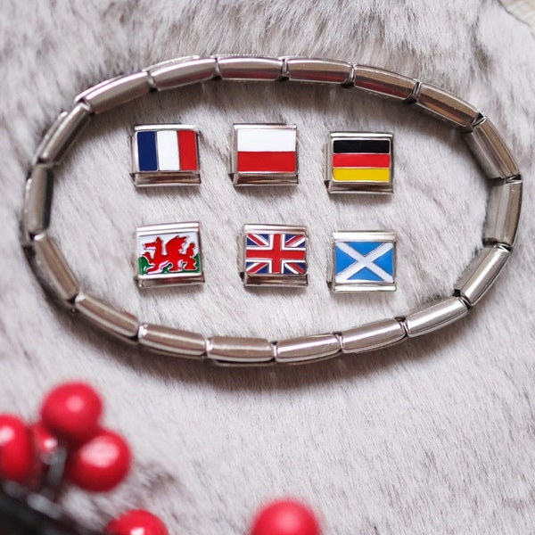 Charm for Italian bracelet 9 mm Flags English Welsh Scottish Polish German French Fit Nomin. stretch modular bracelet Stainless Steel