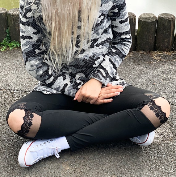 Leggings Black Lace Split Knee Ripped Yoga Fashion Comfortable