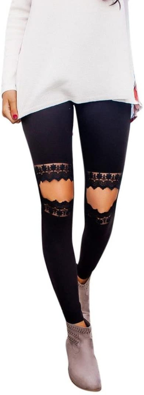Leggings Black Lace Split Knee Ripped Yoga Fashion Comfortable Woman Lady UK  STOCK Skinny Slim Fit Pants Tights for Women 