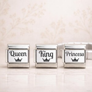 Italian Modular Charm Princess Queen King 9mm – Stainless Steel Engraved Crown Charm – Fits Italian Stretch Bracelet – Jewellery Gift