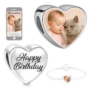 Happy Birthday Photo Charm Personalised Picture Bead for Bracelet Custom Silver Steel Heart Engraved Pendant Gift for Mum Friend Bracelet