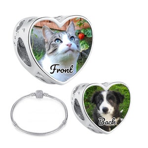 DOUBLE side photo charm S925 Sterling Silver Personalised Love Heart Bead Cat Memory Gift Pando-ra-fit Custom European Bracelets Silver