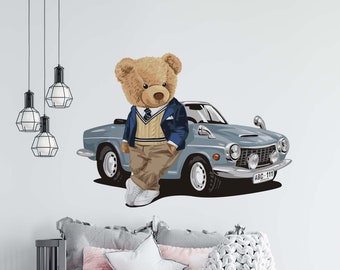 Businessman Bear and Classic Car Animals Wall Stickers Funny Wall Decals Sticker Nursery Wall Art Peel and Stick Removable