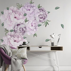 Purple Roses Peony Flowers Wall Stickers Luxury Floral Background Wall Decals Sticker Bedroom Nursery Wall Art Peel and Stick Removable
