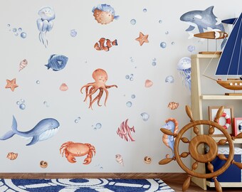Sea Octopus Wall Decals Cute Jellyfish Wall Stickers Kids Room Peel and Stick Removable