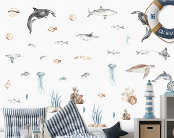 Dolphin and Shark Wall Decals Sea Creatures Wall Stickers Nursery Peel and Stick Removable
