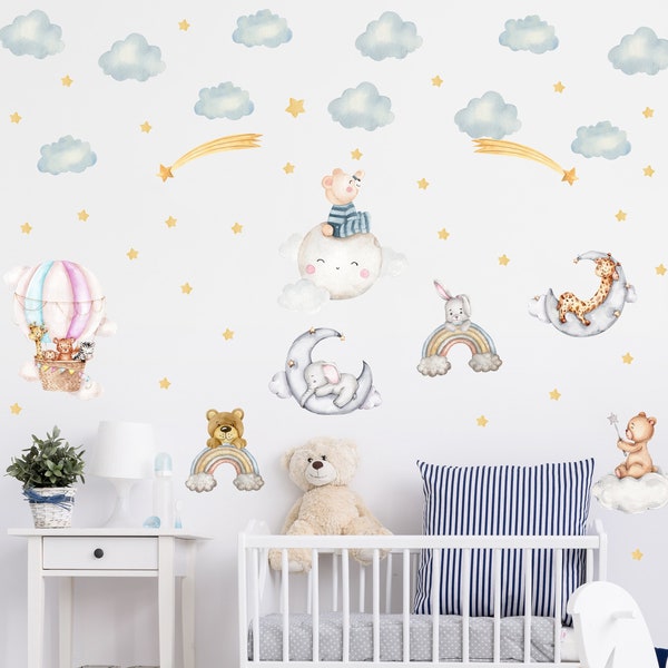 Cute Animals Sleeping on the Moon Wall Decals Clouds and Stars Wall Stickers Kids Room Peel and Stick Removable