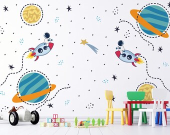 Rocket Spaceship Wall Decals Planets Wall Stickers Andromeda Galaxy Nursery Peel and Stick Removable