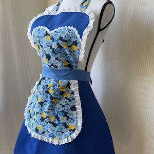 Royal Blue Vintage Style Apron with Pockets- Long Adjustable Ties- With Ruffles- Retro Pin up Style- For Cooking/baking- Perfect for Gifts