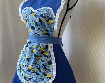 Royal Blue Vintage Style Apron with Pockets- Long Adjustable Ties- With Ruffles- Retro Pin up Style- For Cooking/baking- Perfect for Gifts