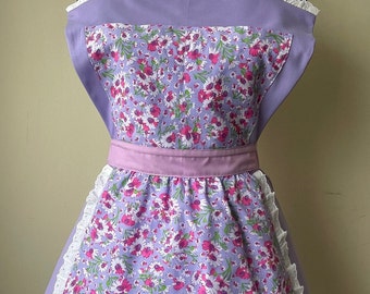 Lavender Floral Vintage Style Apron with Pockets- Long Adjustable Ties- With Ruffles- Retro Pin up Style- For Cooking/baking- for Gifts