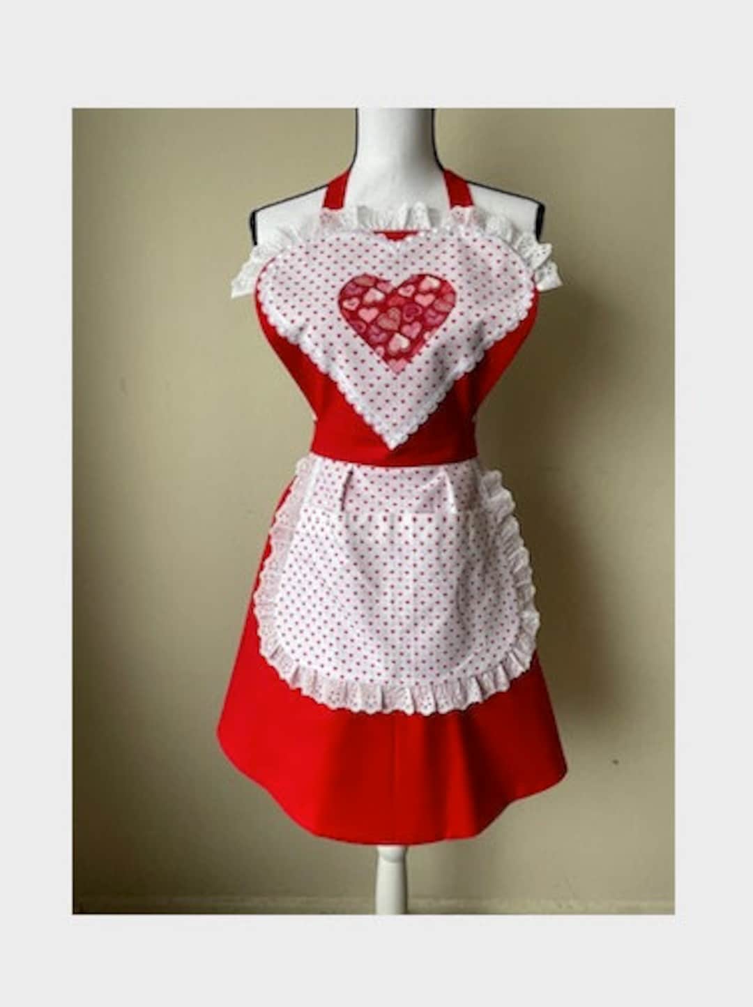 Heart Red Vintage Style Apron With Pockets- Long Adjustable Ties- With ...