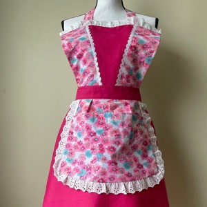 Pink Floral Vintage Style Apron with Pockets- Long Adjustable Ties- With Ruffles- Retro Pin up Style- For Cooking/baking- Perfect for Gifts
