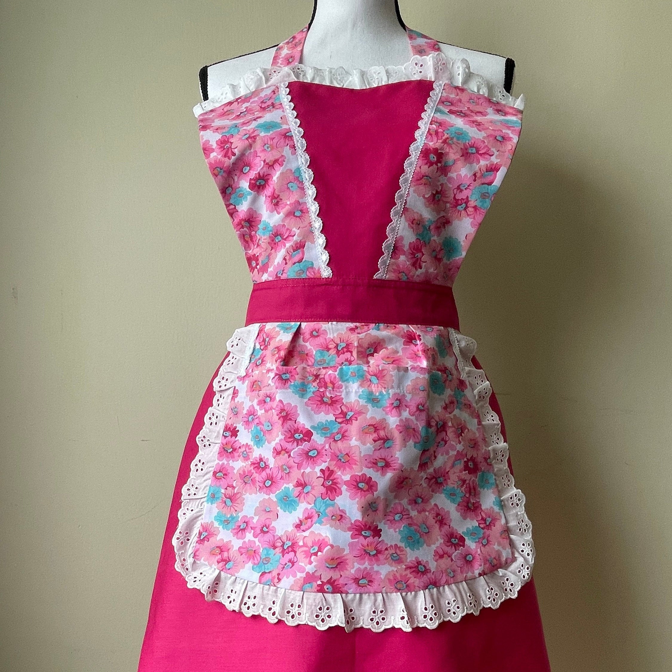 Pink Floral Vintage Style Apron With Pockets Long Adjustable Etsy