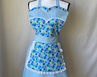 Blue Floral Vintage Style Apron with Pockets- Long Adjustable Ties- With Ruffles- Retro Pin up Style- For Cooking/baking- for Gifts