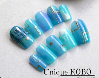 Monet-Inspired Press-On Nails, Aqua Gold Hand-Painted Art Nail Set