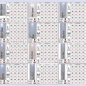 May include: A chart with different nail shapes and sizes, including short square, mid square, square, short oval, oval, long oval, almond, new almond, long stiletto, coffin, long coffin, and tapered coffin. Each shape has a size chart with measurements in millimeters for length and width. The chart is labeled "Unique K&Ouml;B&Ouml;".