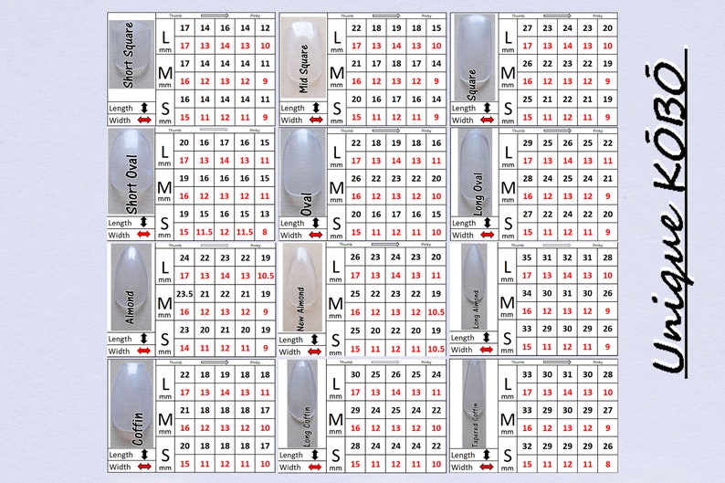 May include: A chart with different nail shapes and sizes, including short square, mid square, square, short oval, oval, long oval, almond, new almond, long stiletto, coffin, long coffin, and tapered coffin. Each shape has a size chart with measurements in millimeters for length and width. The chart is labeled "Unique K&Ouml;B&Ouml;".