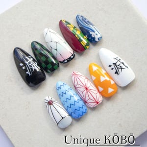 Hand-Painted Character Inspired Press-Ons, Anime Costume Motif Nails, Cosplay Style