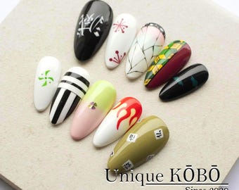 Hand-Painted Anime Press-On Nails, Hashira-Inspired Cosplay Nail Art Set