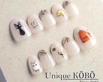 Kawaii Character Press-On Nails, Hand-Painted Anime Nail Art