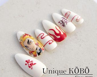 Rengoku-Inspired Press-On Nails, Hand-Painted Flame Design, Anime Cosplay Nail Art Set