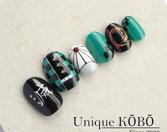 Tanjiro-Inspired Press On Nails, Hand-Painted Anime Set
