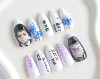 Muzan and Kagaya Inspired Press-On Nails, Hand-Painted Anime Motif with Floral Accent Set