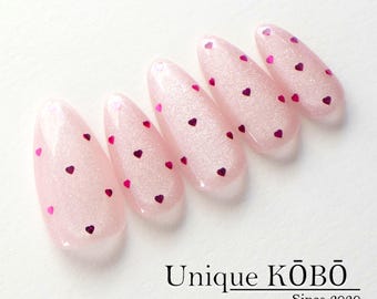Pink Heart Cat Eye Press-On Nails, Mini Heart Sequin Nail Set