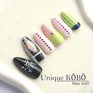 Mitsuri-Inspired Hand-Painted Anime Uniform Motif Nails, Cosplay Press-On Nails, Reusable False Nails