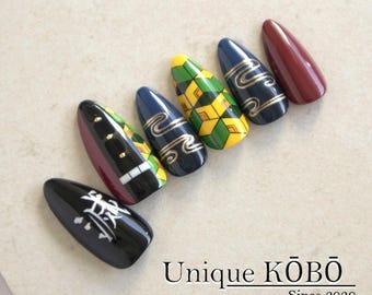 Giyu-Inspired Press On Nails, Hand-Painted Anime Set