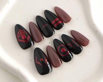 Sukuna-Inspired Black Red Press On Nails, Metallic Anime Nails