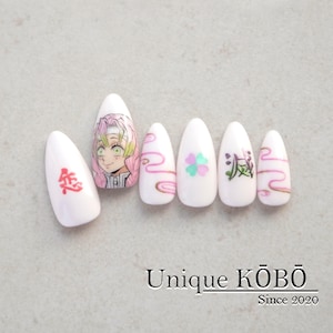 Mitsuri-Inspired Hand-Painted Anime Character Nails, Anime Press-on Nails, Cosplay Nail Set