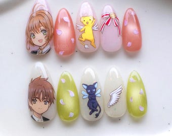 Sakura and Syaoran Inspired Press-On Nails, Hand-Painted Anime Nail Art Set
