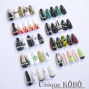 Mix Hashira Uniform Nails, Anime Two-Character Motif Press-On Set, Hand-Painted Luxury Nails