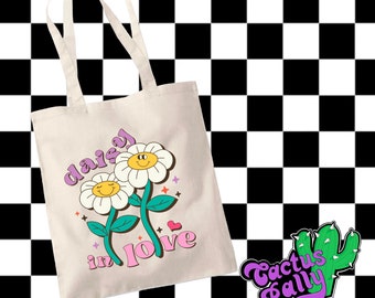 Daisy verliebte Einkaufstasche Umweltfreundliche Tasche, Wiederverwendbare Einkaufstasche, Retro, groovy, Blumen