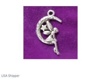 Silvertone Fairy Moon Charm, Fairy On The Moon, Fae Charm