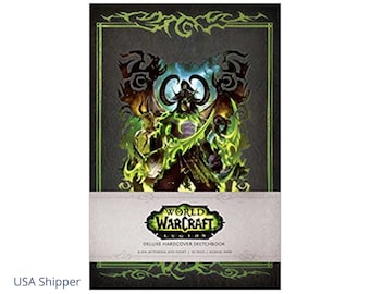 May include: A black hardcover sketchbook with a green and black illustration of a demon on the cover. The text "World of Warcraft Legion Deluxe Hardcover Sketchbook" is printed on the cover.