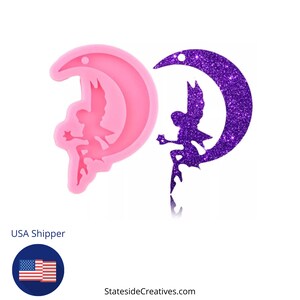 May include: A pink silicone mold of a fairy sitting on a crescent moon. The mold is shown next to a purple glitter-filled crescent moon with a fairy silhouette.