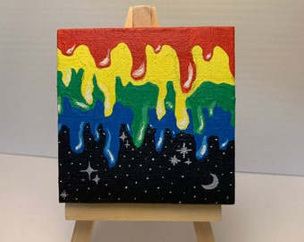 Rainbow, Drip, Space, Painting, Paint Drip, 3D Art, Art, Acrylic, Small, Mini, Art, Canvas, Dorm Decor, Pride, Stars, Moon, Constellations