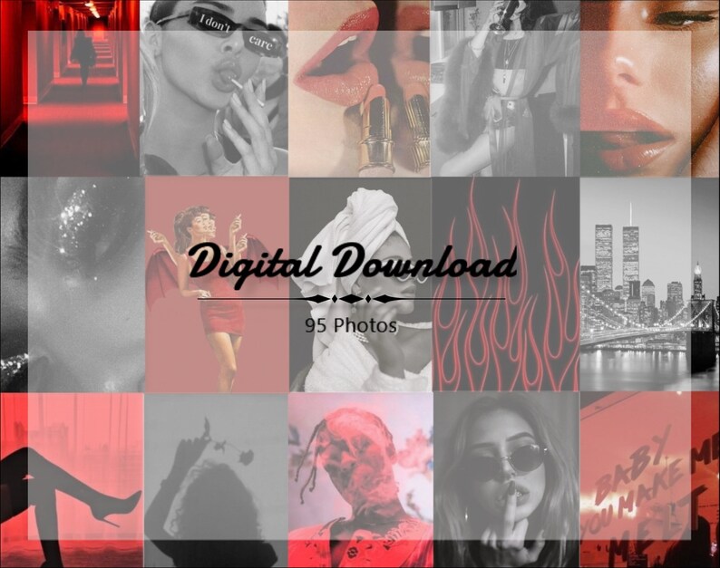 May include: A digital collage of 95 photos with a red, white and black colour scheme. The photos feature a variety of subjects, including fashion, cityscapes, and abstract designs. The text "Digital Download" is displayed in the centre of the collage.