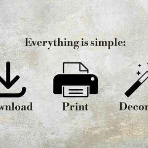 May include: A black and white illustration showing three steps: download, print, and decorate. The download icon is a downward arrow inside a circle. The print icon is a printer with a piece of paper inside. The decorate icon is a magic wand with stars.